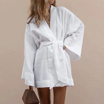 damskie kimono dekolt w serek - mini sukienka długi rękaw